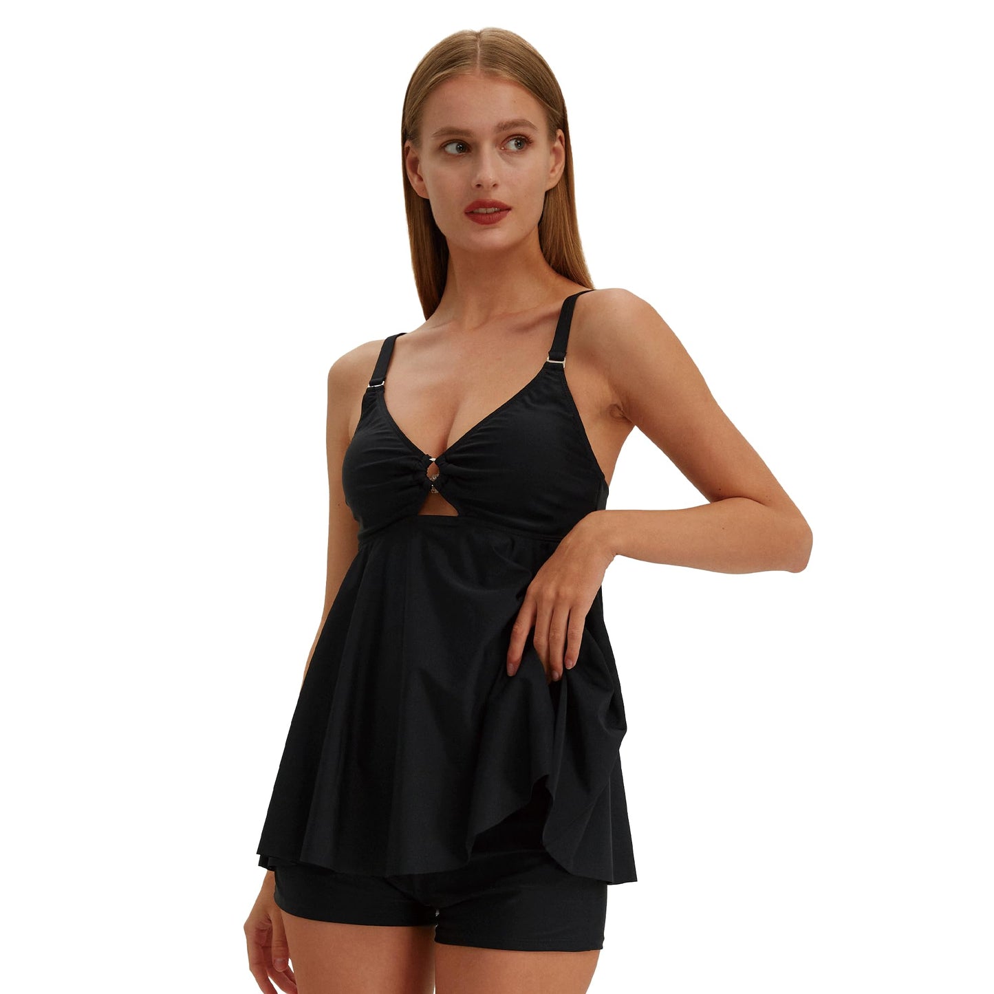 Two Piece Swimsuit Modest Tankini Swimsuits for Women Tummy Control Bathing Suit Long Torso Tankini Top with Boyshort Swimsuits 2 Piece Tankini Swimsuit Slimming Bathing Suits Solid Black 2-4